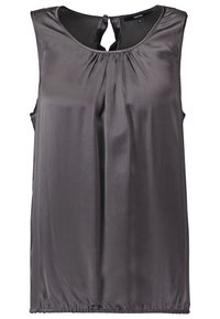 Blouse sans manches en satin gris foncé, col rond, plis devant et fermeture goutte avec bouton au dos.