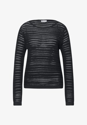 Jersey negro de crochet de manga larga con patrón de tejido abierto horizontal y escote redondo, etiquetado como "Street One".