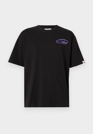 Black cotton t-shirt with a crew neck. Features purple "REplay" logo on the left chest area. Short sleeves and a relaxed fit.