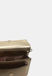 Borsa a mano metallica oro con forma rettangolare. Caratterizzata da una chiusura a scatto, numerose tasche interne e una trama liscia.