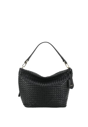 Schwarze gewebte Lederschultertasche mit einem einzelnen Riemen und einem kleinen angebrachtem Anhänger an der Seite.