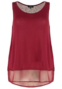 Bordeaux ärmlös topp med rund halsringning. Transparent nederkant tillsätter kontrast; tyget verkar slätt med en subtil lyster. Enkel, minimalistisk design.