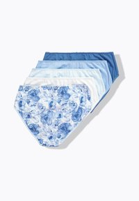 Vijf damesslips in tinten blauw, wit en een bloemenpatroon, overlappend gerangschikt op een witte achtergrond.