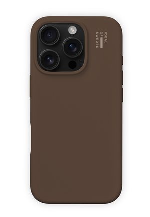 Custodia per telefono in silicone marrone con ritagli precisi per le fotocamere. Texture liscia con un dettaglio di marchio discreto sul lato.