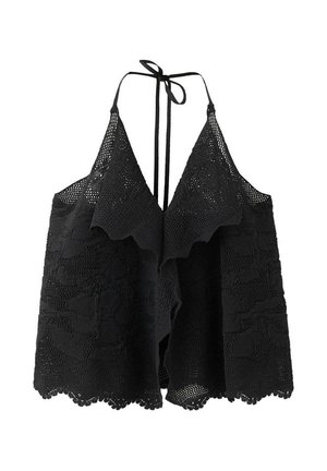 Haut dos-nu noir en crochet avec un décolleté en V profond, bords festonnés, motifs floraux et liens au niveau du cou.