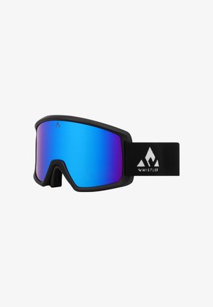 Skibrille mit schwarzem Rahmen, großen blauschwarzen spiegelnden Linsen und einem schwarzen verstellbaren Band mit einem weißen Logo.