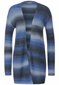 Lång cardigan i gradient blått och grått stickat. Utvecklad med öppen framsida och l ånga ärmar, med varierande ränder och en mjuk, texturerad yta.