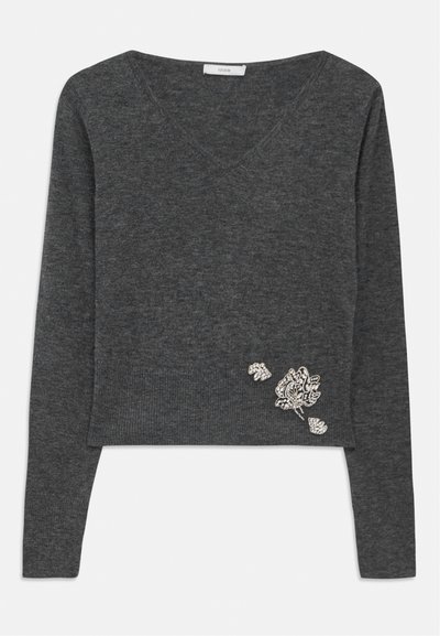Szara, krótka bluza z miękkiego dzianiny, z dekoltem w kształcie litery V, ozdobiona białymi, haftowanymi kwiatowymi akcentami w lewym dolnym rogu.