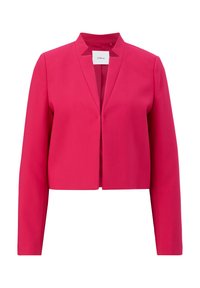 Fuchsia cropped blazer met lange mouwen, ontwerp met open voorkant en een mandarinekraag. Gladde stof met minimale stikdetails.
