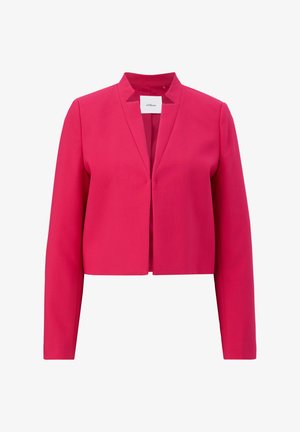 Fuchsia cropped blazer met lange mouwen, ontwerp met open voorkant en een mandarinekraag. Gladde stof met minimale stikdetails.
