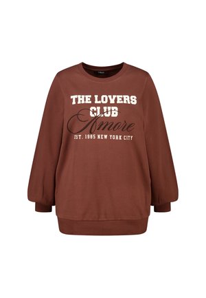 Bruine sweatshirt met witte tekst "THE LOVERS CLUB Amore EST. 1985 NEW YORK CITY." Klassieke ronde hals met losse, ballonmouwen.