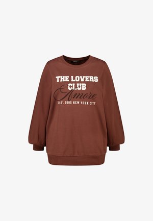 Bruine sweatshirt met witte tekst "THE LOVERS CLUB Amore EST. 1985 NEW YORK CITY." Klassieke ronde hals met losse, ballonmouwen.