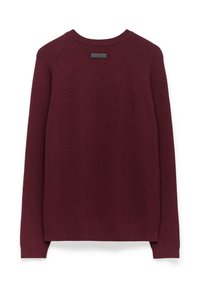 Bordeauxfarbener Pullover mit geripptem Muster, Rundhalsausschnitt und langen Ärmeln. Verfügt über ein dezentes Branding-Detail am hinteren Halsausschnitt.