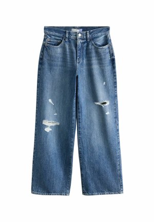 Blaue Jeans mit weitem Bein, abgenutzten Rissen an den vorderen Oberschenkeln, Standard-Vordertaschen, Gürtelschlaufen und einem Bund mit Knopfverschluss.
