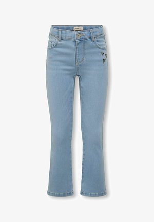 Lyseblå denim flared jeans med høj talje, forlommer og blomsterbroderi detaljer på højre lår. Glat tekstur, klassisk design.