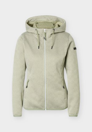 Svetlo zelena jopica z zadrgo s diamantnim vzorcem, kapuco z vrvico in žepi na straneh z zadrgo, prikazana na enostavni podlagi.