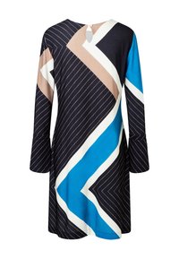 Langärmliges Kleid mit einem navyblauen Grundton und geometrischen Mustern in Blau, Beige und Weiß. Details mit Schlüsselloch-Ausschnitt im Rücken und ausgestellten Manschetten.