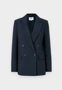 Blazer doppiopetto blu navy con rever a punta, due tasche frontali e bottoni neri, realizzato in un tessuto liscio e strutturato.