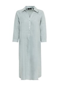 Ljusblå långärmad midiklänning med krage, fem framknappar och en avslappnad passform, tillverkad av ett l ätt linne material.