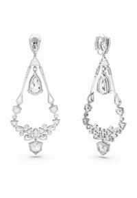 Ohrhänger in Silberoptik mit klaren geometrischen Kristallen in Dreiecks- und Tropfenform, mit filigranen Durchbruchdetails.