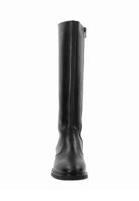 Botas de montar de cuero negro con una forma esbelta, caña alta, textura suave y un detalle de cremallera lateral para facilitar su uso.