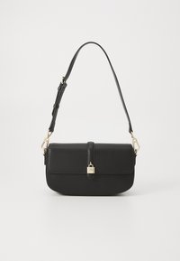 Black leather handbag with a rectangular shape, featuring a gold clasp, adjustable strap, and smooth texture. Minimalist design and no patterns.