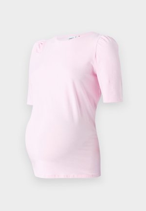 Lyserød graviditetsbluse med korte ærmer lavet af blødt stof, med rund halsudskæring og subtile puffærmer for ekstra form.