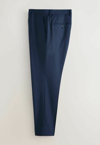 Marineblaue Anzughose aus glattem Stoff, mit einer geknöpften Gesäßtasche, geradem Bein Design und sauberem Saum.