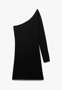 Schwarzes Ein-Schulter-Kleid mit taillierter Silhouette, featuring einen langen Ärmel auf einer Seite und einem glatten, leicht elastischen Stoff.