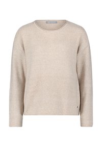 Beige Strickpullover mit strukturierter Oberfläche, Rundhalsausschnitt und langen Ärmeln. Verfügt über ein dezentes Muster und ein kleines Logo-Detail am Saum.