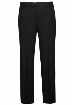 Schwarze maßgeschneiderte Hosen aus glattem Stoff. Sie verfügen über einen flachen Bund, Gürtelschlaufen und schmal zulaufende Beine für eine schlanke Silhouette.