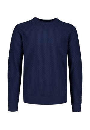 Granatowy sweter z długim rękawem z teksturowanym kwadratowym wzorem, z okrągłym dekoltem oraz ściągaczami na mankietach i dolnym brzegu.