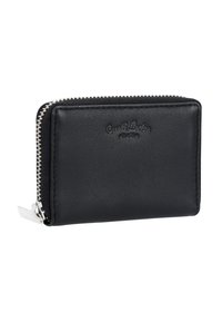 Schwarze Leder-Geldbörse mit strukturierter Oberfläche, silbernem Reißverschluss und geprägtem Branding. Kompaktes, rechteckiges Design mit glatten Kanten.