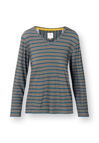 Langärmliges V-Ausschnitt-Shirt mit einem Mix aus blauen, braunen und cremefarbenen horizontalen Streifen. Weicher Stoff mit lässiger Passform und kontrastierenden Halsbündchen.