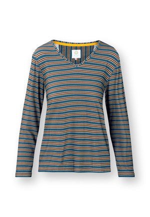 Long-sleeve V-neck shirt featuring a mix of blue, brown, and cream horizontal stripes. Soft fabric with a relaxed fit and contrasting neck trim.