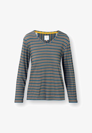 Langärmliges V-Ausschnitt-Shirt mit einem Mix aus blauen, braunen und cremefarbenen horizontalen Streifen. Weicher Stoff mit lässiger Passform und kontrastierenden Halsbündchen.