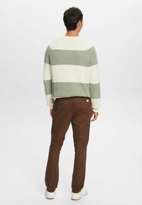 Uomo di spalle che indossa un maglione a righe verdi e bianche, pantaloni marroni e sneakers bianche su uno sfondo chiaro e semplice.