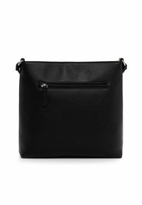 Schwarze Leder-Umhängetasche mit genarbter Oberfläche, flacher rechteckiger Form, silberner Hardware und einer Reißverschlussvortasche.