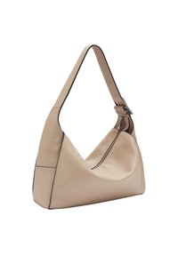 Sac bandoulière en cuir beige à forme incurvée, bordure noire contrastante, et sangle ajustable, avec une poche zippée sur le dessus.