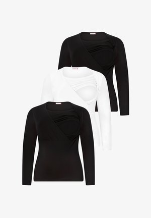 Tres camisetas de manga larga: una negra, una blanca y otra negra. Cada una presenta un escote cruzado drapeado con detalles texturizados.