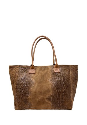 Borsa tote in camoscio marrone con pannelli con motivo coccodrillo e due tracolle in pelle liscia.