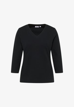 Černé triko s výstřihem do V a třičtvrtinovými rukávy. Vyrobeno z měkké tkaniny, s jednoduchým designem a hladkým povrchem. Na štítku je napsáno "CECI."