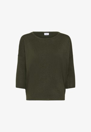 Olīvu zaļš tops ar apaļu kakla izgriezumu, trīs ceturtdaļu piedurknēm un teksturētu ribu paneļu apakšējā daļā. Mīksts, viegls materiāls.