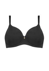 Czarny biustonosz z wypełnionymi miseczkami, regulowanymi ramiączkami oraz złotą ozdobą na środku. Wykonany z gładkiego, elastycznego materiału.