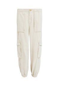 Beige cargo broek met een relaxte fit, voorzien van meerdere zakken aan de voorkant, elastische mouwen en een knoopsluiting. Van katoen met een gladde textuur.