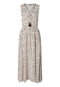 Maxi-Kleid aus cremefarbener Baumwolle mit braunen Punkten, V-Ausschnitt, Kordelzugdetails und Quasten am Ausschnitt. Elastischer Bund für eine gute Passform.