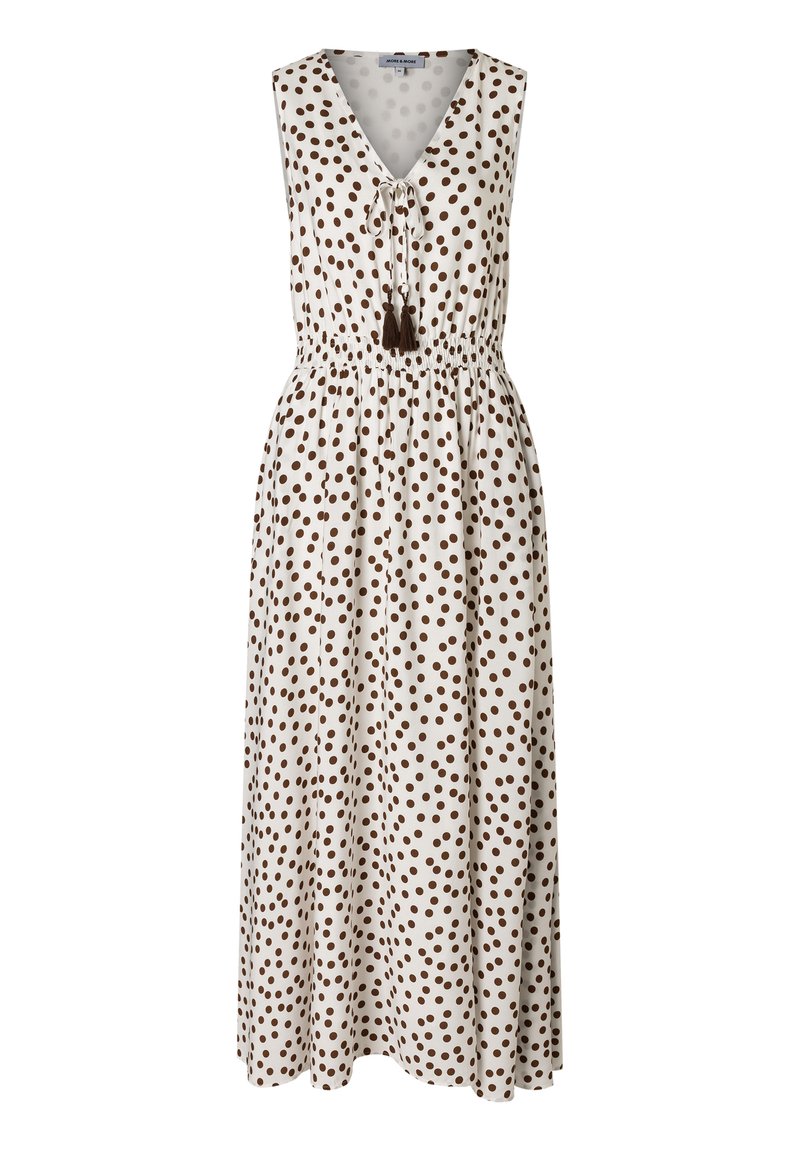 Maxi-Kleid aus cremefarbener Baumwolle mit braunen Punkten, V-Ausschnitt, Kordelzugdetails und Quasten am Ausschnitt. Elastischer Bund für eine gute Passform.