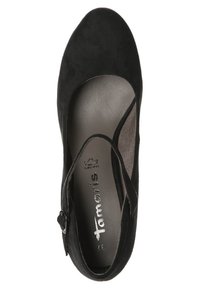 Zapato de tacón de ante negro con punta redondeada y corte en el lateral. Presenta una correa para el tobillo con hebilla y un forro interior suave. Talla 37.