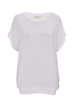 Biała koszula z krótkim rękawem, wykonana z lekkiej, miękkiej tkaniny. Posiada okrągły dekolt i luźny krój z wykończeniem na ściągaczu.