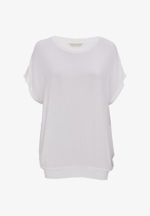 Biała koszula z krótkim rękawem, wykonana z lekkiej, miękkiej tkaniny. Posiada okrągły dekolt i luźny krój z wykończeniem na ściągaczu.